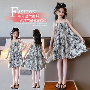 Girls' suspender dress summer stylish 2024 Internet celebrity Chinese style middle and large children's ink painting princess beach dress
