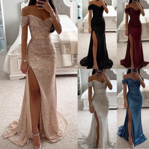 Cross-border 2023 European and American new party sequined one-shoulder slit dress INS casual fashion dress for women