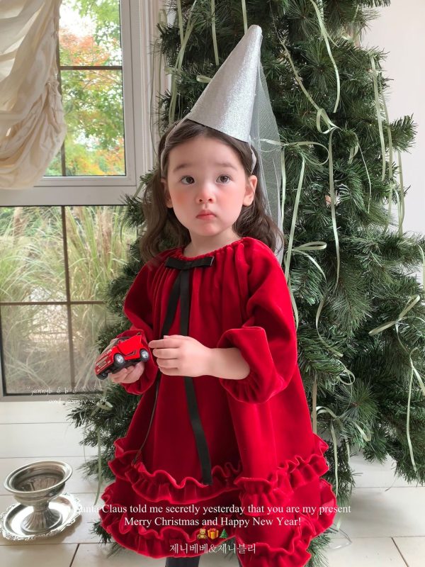 Jenny 2024 Winter New Girls New Year Stylish Plush Dress Baby Girl Christmas Bow Red Dress - 图片 2