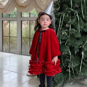 Jenny 2024 Winter New Girls New Year Stylish Plush Dress Baby Girl Christmas Bow Red Dress