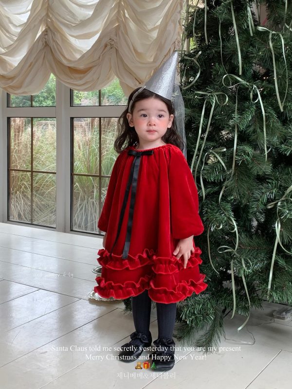 Jenny 2024 Winter New Girls New Year Stylish Plush Dress Baby Girl Christmas Bow Red Dress
