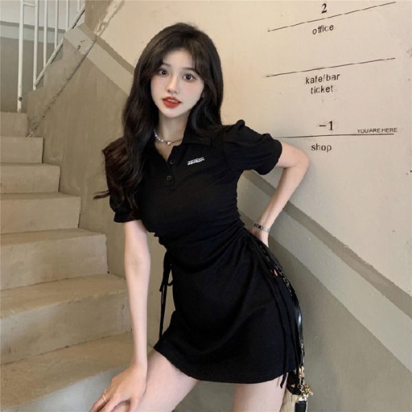 Polo collar drawstring pleated dress, elegant waist-hugging slim dress, niche sweet and spicy style short-sleeved dress - 图片 6