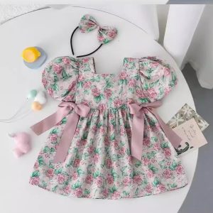 2024 New Style Baby Girls Dress Summer Velvet Rose Dress Baby New Short Sleeve Internet Celebrity Dress