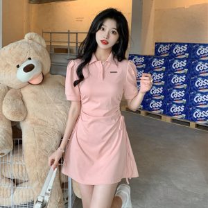 Sweet and spicy skirt pink T-shirt skirt female POLO collar puff sleeve dress summer drawstring waist casual A-line short skirt