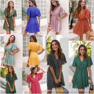 2024 Summer New Independent Station Amazon European and American Cross-border Women's V-neck Small Floral Dress Source Wholesale