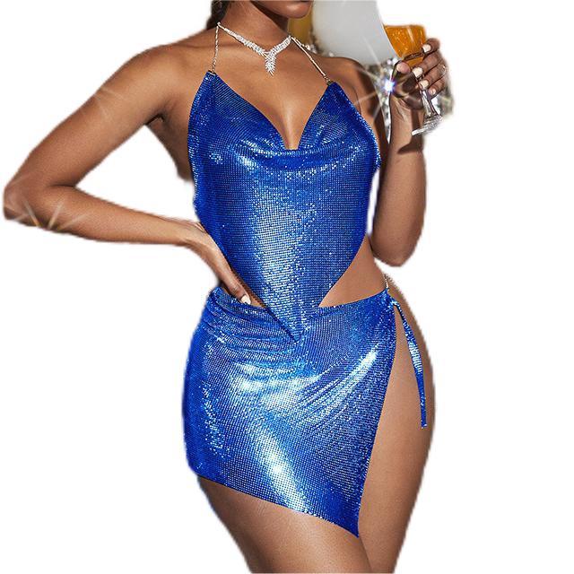 Cross-border new women's European station metal sequin dress sexy backless slit nightclub outfit hot girl suspender skirt