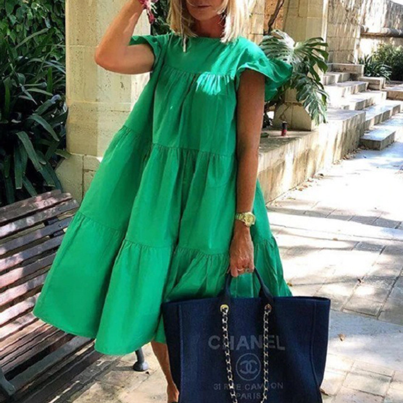 2022 Summer Women's Retro Floral Loose 2XL Casual Round Neck Short Sleeve Dress Dress