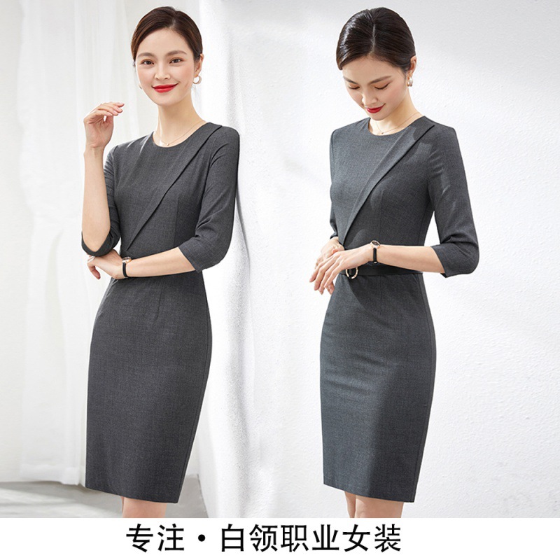 Gray dress summer sales office sales real estate consultant temperament slim work clothes 2025 new round neck skirt
