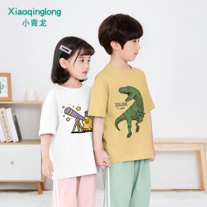Xiaoqinglong boys and girls children's summer new pure cotton short-sleeved sweatshirt T-shirt for middle and large children's casual cartoon Korean version