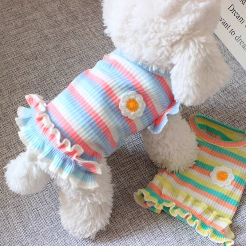 ins dog cat clothes thin refreshing pet puppy spring and summer clothes Teddy Bichon color striped T-shirt dress