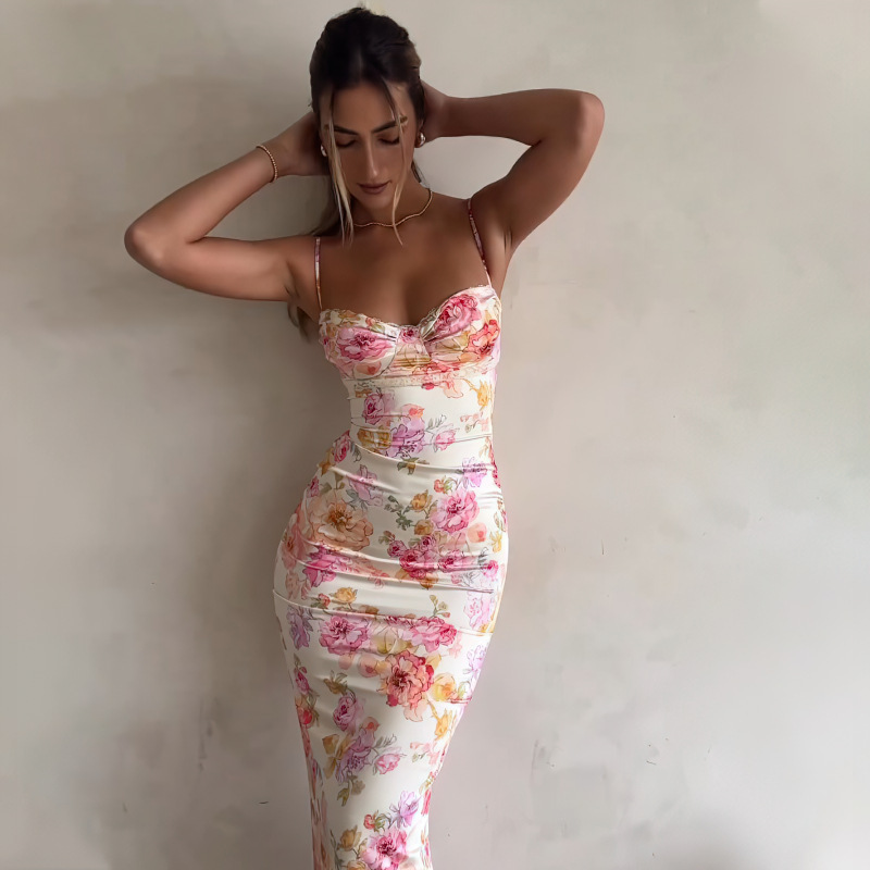 Cross-border foreign trade European and American women's clothing Amazon 2024 summer fashion print slim sexy backless suspender dress
