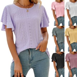 2023 summer new cross-border European and American women's clothing Amazon ladies T-shirt hole hollow round neck ruffled T-shirt
