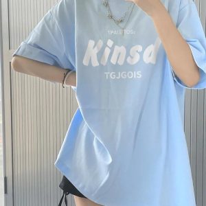 American retro sky blue pure cotton short-sleeved T-shirt women's loose summer niche design student half-sleeved top ins