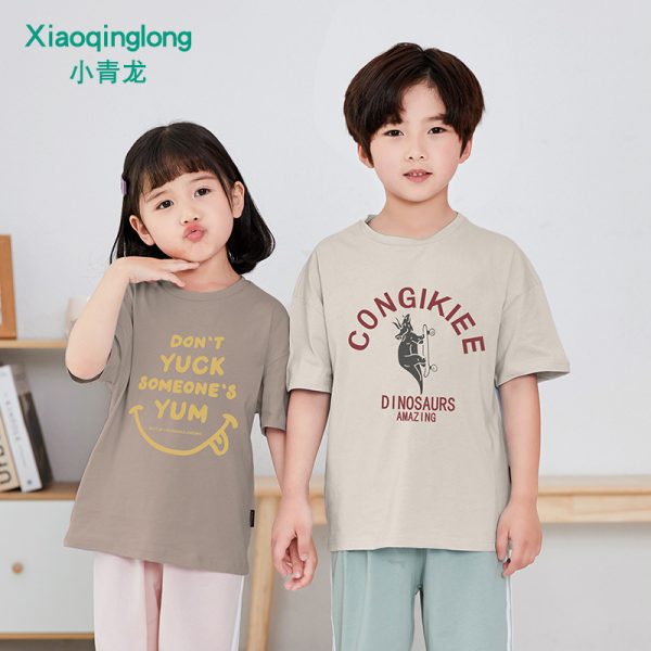 Xiaoqinglong boys and girls children's summer new pure cotton short-sleeved sweatshirt T-shirt for middle and large children's casual cartoon Korean version - 图片 3