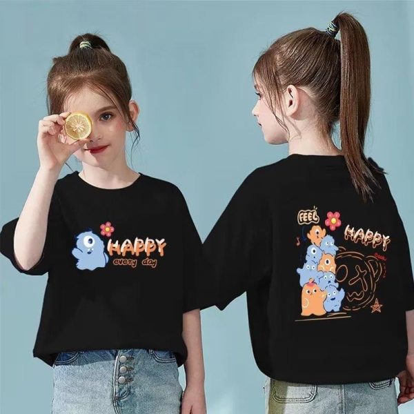 Girls short-sleeved T-shirt children's cute cartoon print versatile college style summer wear for middle and large children half-sleeve - 图片 4