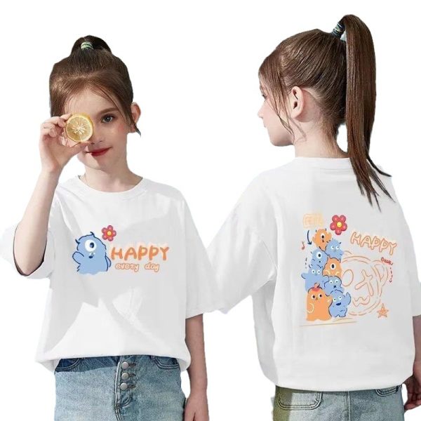 Girls short-sleeved T-shirt children's cute cartoon print versatile college style summer wear for middle and large children half-sleeve - 图片 5