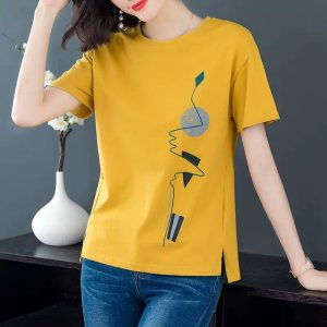 Short-sleeved T-shirt women's 2024 new women's summer Korean version loose large size fat mm literary print T-shirt top trend
