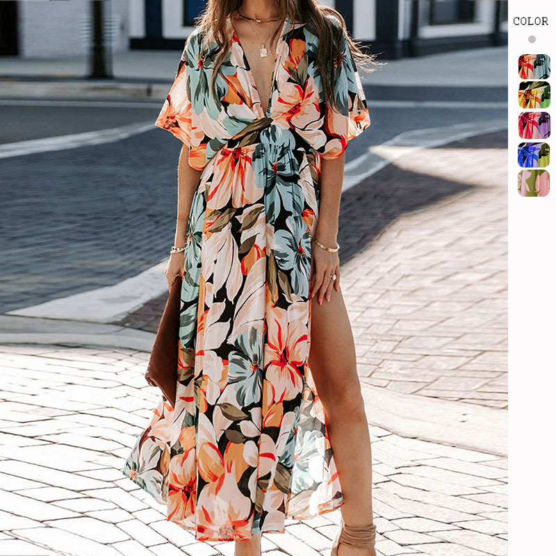 2025 Amazon cross-border summer European and American women's clothing new sexy high waist fashion print slit dress female