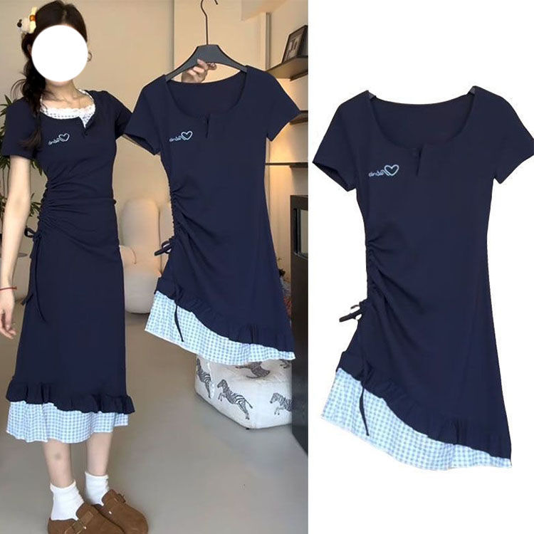 French sweet short-sleeved fake two-piece dress for women spring and summer ruffled drawstring waist pure desire halter neck long skirt