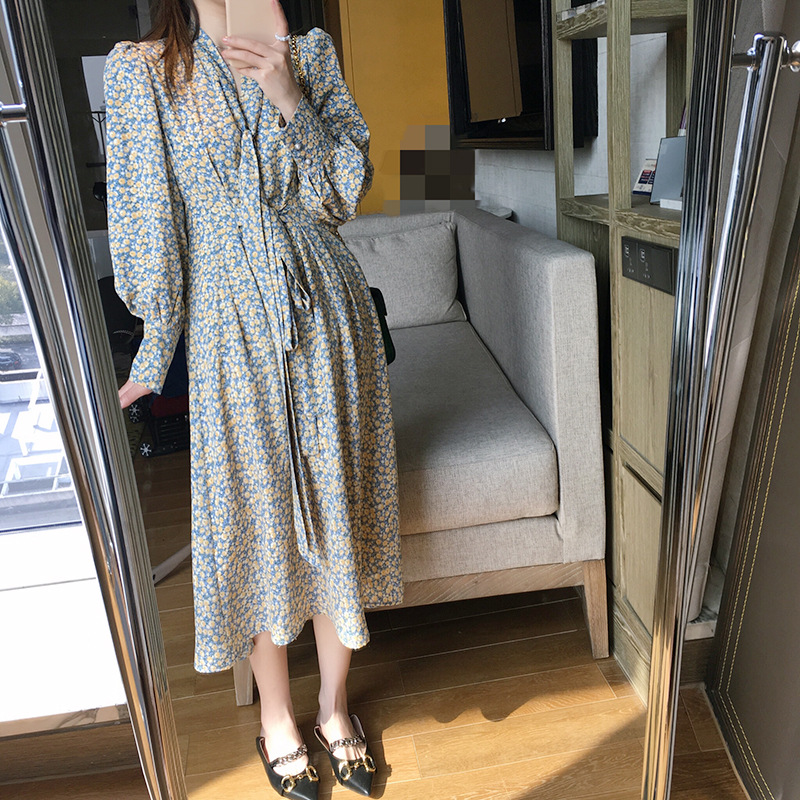 Canggumu 2021 spring new French 4-color floral dress female Korean version loose ladies long skirt 3836