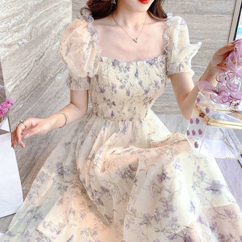 Summer tea break French ink painting waist slimming temperament lady white chiffon dress women's clothing mall same style