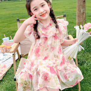 Girls sweet princess style dress 2024 summer new children's stylish floral fairy baby mesh skirt