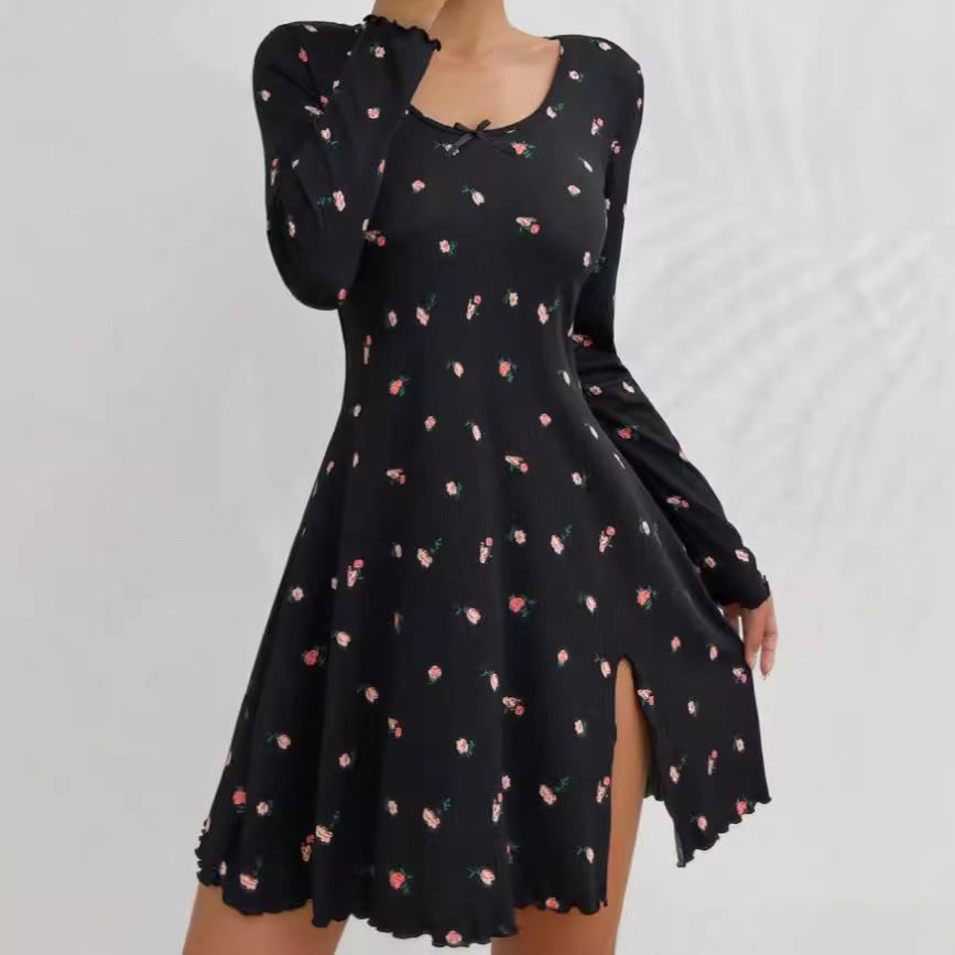 European and American cross-border new fashion small floral long-sleeved earrings dress home clothes pajamas light luxury