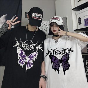 Dark couple outfit 2025 summer new trend ins cartoon butterfly print student short-sleeved loose T-shirt men and women