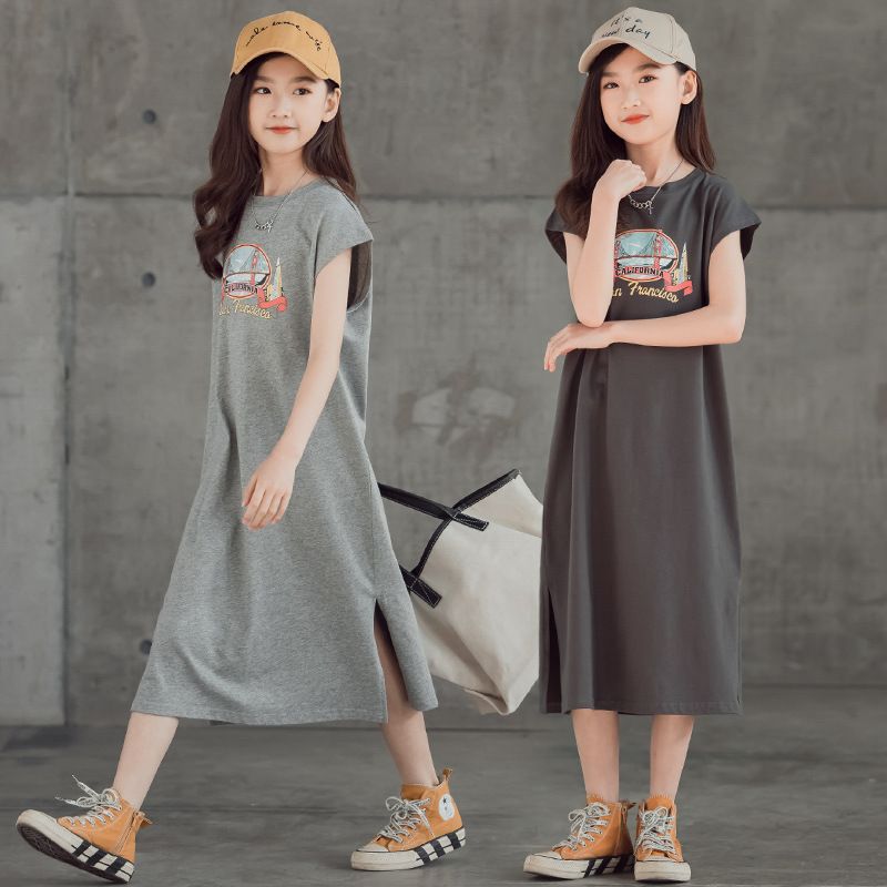 Girls dress 2023 summer new short-sleeved T-shirt for middle and large children's mid-length children's bottoming shirt girl skirt