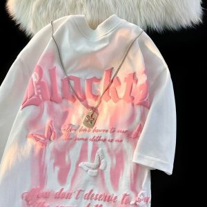 100% non-pilling national trend American campus style short-sleeved T-shirt women's medium and long slim letter ins style top men