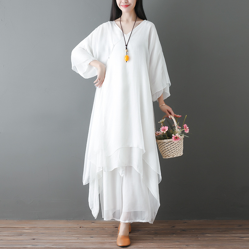 Wholesale Zen dance costume women's suit Chinese style Zen fairy dress tea dress cotton and linen Zen robe two-piece set