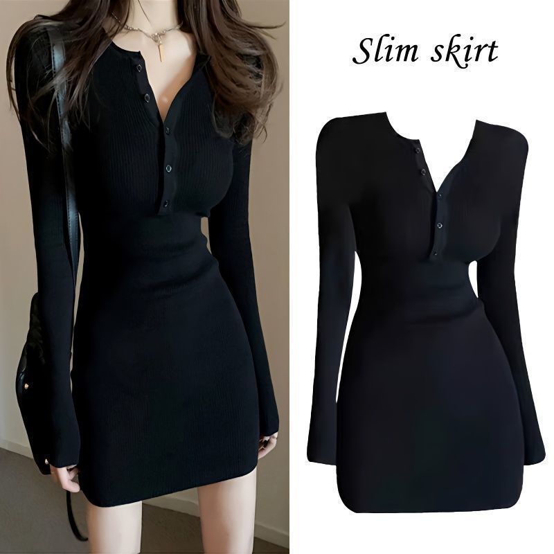 2024 new black long-sleeved dress for women autumn and winter hot girls slim fit inner wear bottoming hip short skirt