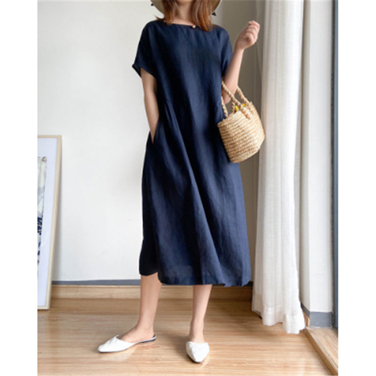 Cotton and linen solid color large size dress women's summer 2022 new loose slim fat MM Japanese style medium and long skirt women