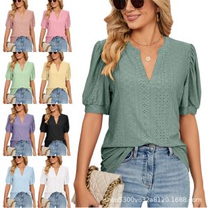 European and American cross-border foreign trade 2024 Amazon summer casual v-neck solid color hollow puff sleeve loose T-shirt tops for women