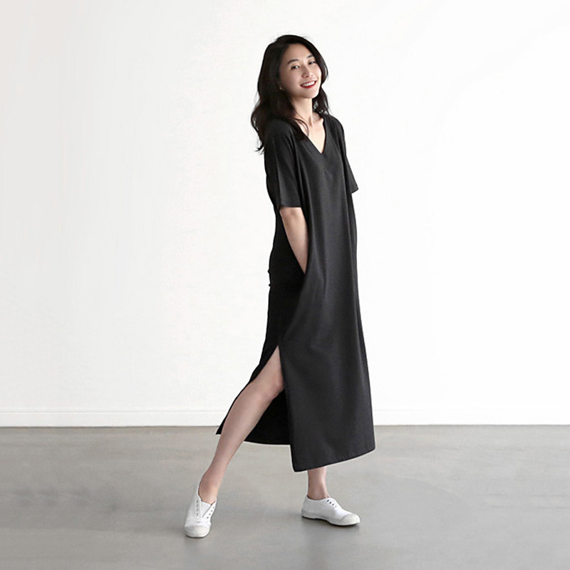 Summer new women's clothing 2023 Korean version V-neck short-sleeved cotton plus size modal dress loose casual slit long skirt